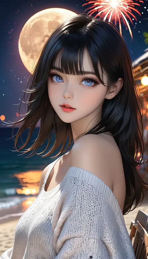 cool beauty, glossy silky hair, captivating eyes, amorous and lewd expression, right index finger on lips, wearing shoulder-less loose knit sweater, perfect proportions, BREAK night, open cafe on the beach, sitting, background huge full moon and huge firew...