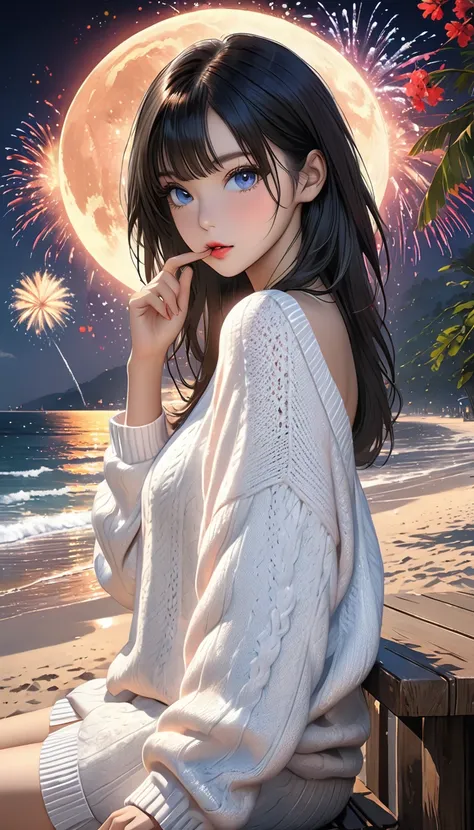 cool beauty, glossy silky hair, captivating eyes, amorous and lewd expression, right index finger on lips, wearing shoulder-less loose knit sweater, perfect proportions, BREAK night, open cafe on the beach, sitting, background huge full moon and huge firew...