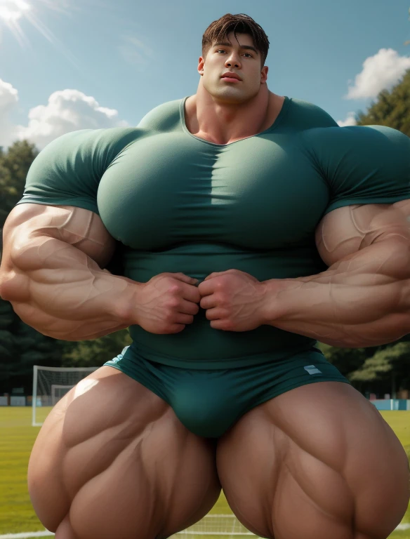 1boy, giant, asian, solo, giant bodybuilder, illuminating light, strong body, bulk, large size, standing before soccer net by blue sky, outdoor, nude, green shirt jersey and triangular underwear with enormous bulge, extraordinary big, brutalmass, giant mus...