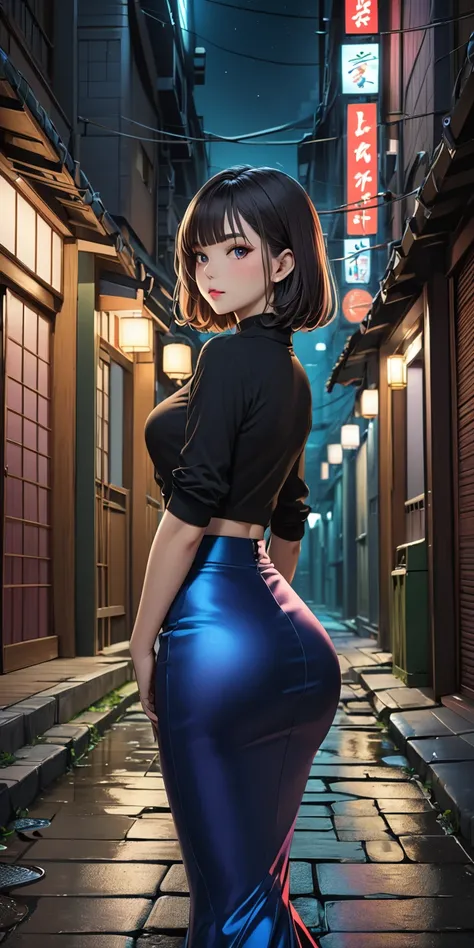 (masterpiece,Best Quality,Ultra-high resolution),Extremely detailed CG,Bob hair with bangs、Beautiful and well-proportioned face、(((Very beautiful Japanese women))),((Brightly colored high waist mermaid pencil skirt)),((A simple design skirt))、Long sleeve k...