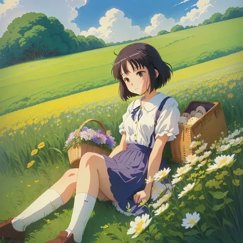 Anime girl lying in the field with cat and basket, Ghibli art style, Hayao Miyazaki, Ghibli art style, studio Ghibli art style, Studio Ghibli anime style, Scratch delivery service, studio Ghibli art style, Lo-fi style, lo-fi girl, Sitting in a flower field...