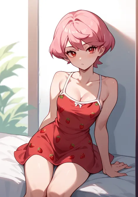 woman one, short hair ,pink hair, red eyes, red dress with white details (strawberry print), pokemon style