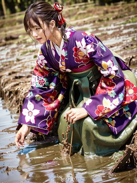 Realistic, hakama, kimono, woman, furisode, clothes that stick to the skin, clothes stained with mud, clothes covered in mud, sinking in muddy water, immersed in muddy water, buried in mud, woman immersed in muddy water, clothes with a wet texture, woman i...