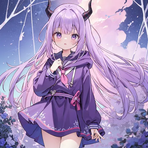 Absurd, High resolution, (Anime Style:1.1), ((masterpiece)), ((Best Quality)), (Super detailed), (beautiful), solo, beautiful face、cute,Purple Hair、I have long hair、length、Pink Eyes、Hair fluttering in the wind、Purple Sailor Suit、Dark blue hoodie、Dark blue ...