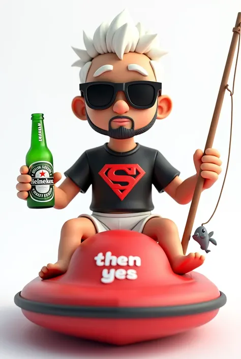 Character in complete drawing, short white spiky hair, short black beard, black sunglasses, wearing a black and red flag superman shirt with the writing "Flamego", sitting on a red jet ski with the words "then yes", in white swimming trunks holding a bottl...