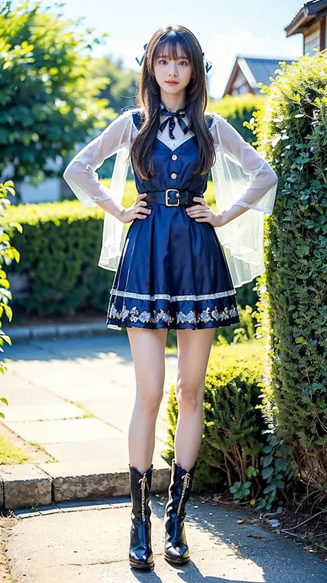 (8k、RAW Photos、Best Quality、masterpiece:1.2)、(Realistic、Realistic)、1 person、((See-through、Medium Hair、Ribbon on chest、black and blue dress、Thin legs、boots、View from the front、Looking into the camera、garden、Stand with hands on hips))、cute