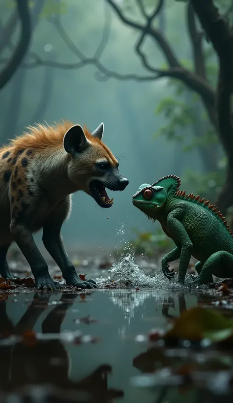 The hyena and the chameleon The jungle is damp and oppressive, the green mist swirling around your feet. The trees twist upward, their bark cracked and blackened, and the air hums with an ominous buzzing sound. The sound grows louder, accompanied by the sp...