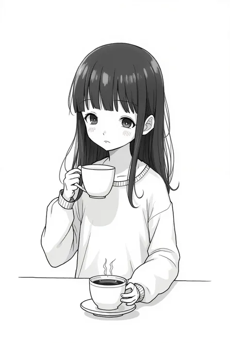 Draw with a loose touch、Black and white drawing of a girl drinking tea