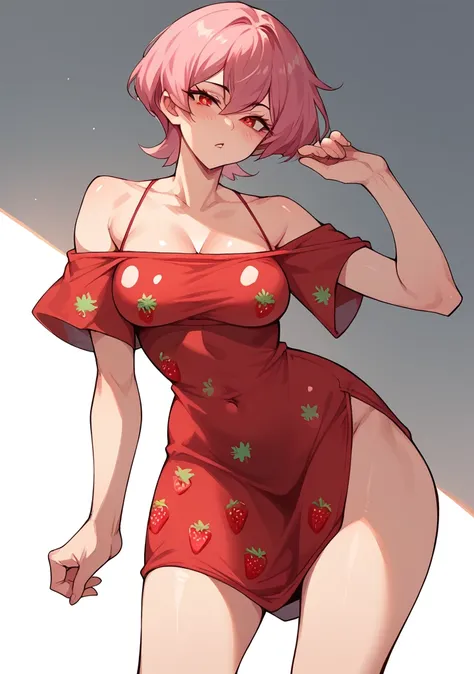 woman one, short hair ,pink hair, red eyes, red dress with white details (strawberry print), pokemon style,curvy body