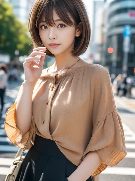 Ultra HD, High-quality, Best Quality, Super detailed, Realistic, 8k, RAW Photos, Best Quality, masterpiece, Attractive girl, Nice girl, Brown Hair, Short Bob, Asymmetrical bangs, Hair blowing in the wind、Japanese Idols, Sophisticated, stylish, blouse, Shib...