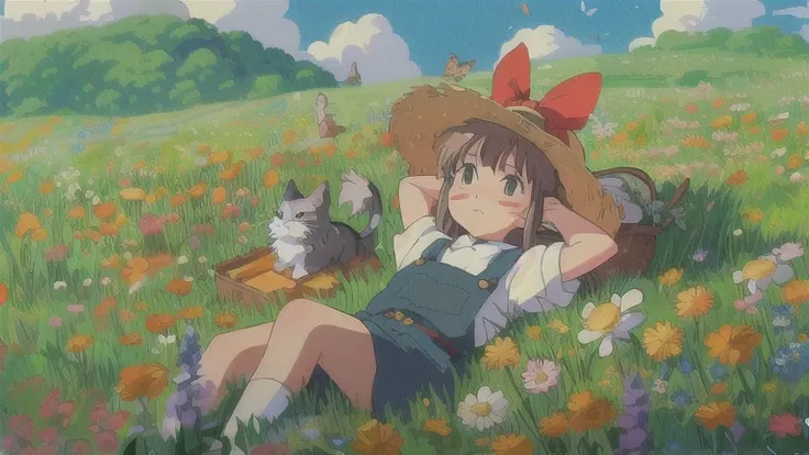 Anime girl lying in the field with cat and basket, Ghibli art style, Hayao Miyazaki, Ghibli art style, studio Ghibli art style, Studio Ghibli anime style, Scratch delivery service, studio Ghibli art style, Lo-fi style, lo-fi girl, sitting among flowers, Ku...