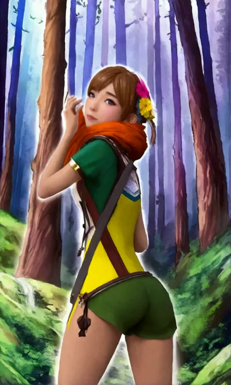 cute yuna (age 25, sexy hiking outfit) explores a magical forest, wonder, joy, pure love
