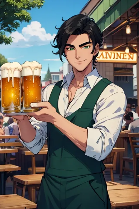 Perfect face. Perfect hands. A handsome black haired man with green eyes in a cool bar tenders outfit is smiling while filling up the beer in a beer garden
