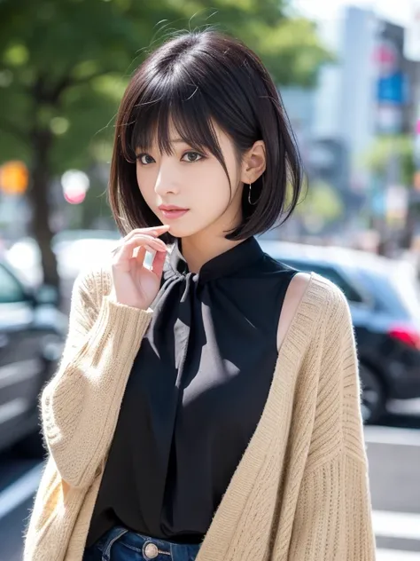 Ultra HD, High-quality, Best Quality, Super detailed, Realistic, 8k, RAW Photos, Best Quality, masterpiece, Attractive girl, Nice girl, Black Hair, Short Bob, Asymmetrical bangs, Hair blowing in the wind、Japanese Idols, Sophisticated, stylish, blouse, Shib...