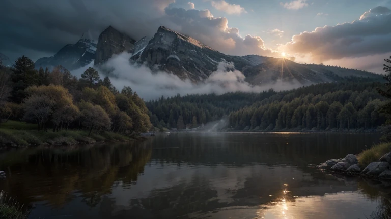 A breathtakingly detailed illustration of a serene lake set against a foreboding backdrop of a cloudy sky with a new moon, its soft, silvery light casting a cozy glow amidst a subtle mist that adds to the mystical ambiance, rendered in the finest, ultra-hi...