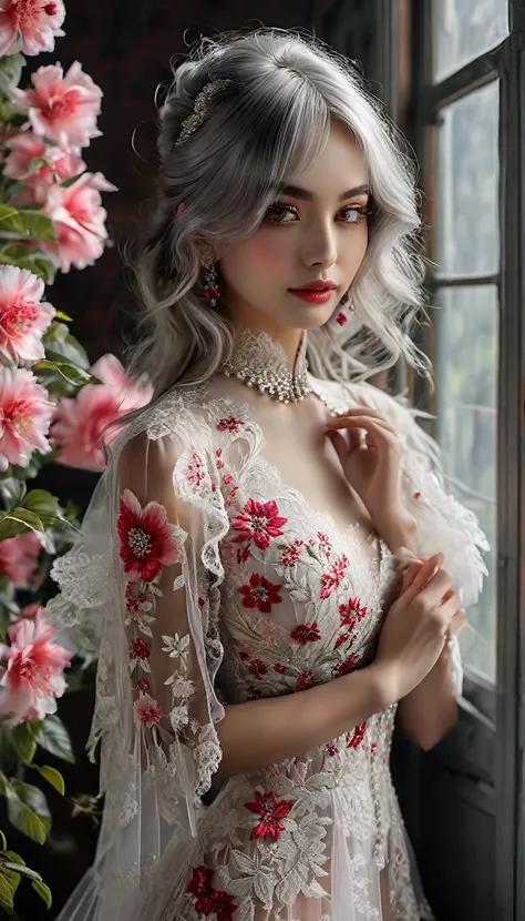 (((perfect quality, perfect anatomy, ultra detail, photoreal, perfect body, beautiful, masterpiece, full body, 32K))), BREAK (shiny silver hair:1.2), (bob cut, bang between eyes, beautiful hair), (glossy silver eyes, beautiful eyes, twinkle eyes, long eyel...