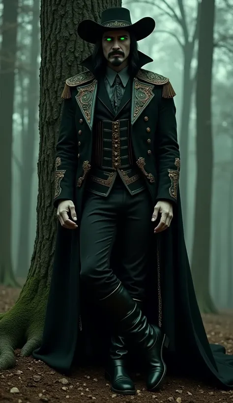 A man in his early 40s tall pale skin. Emerald green eyes. Aquiline nose and broad face. Romanian vampire. Medium long length voluminous black hair with a middle part. Long pointed goatee and fancy mustache. Dark black cape around shoulders. Black and bras...