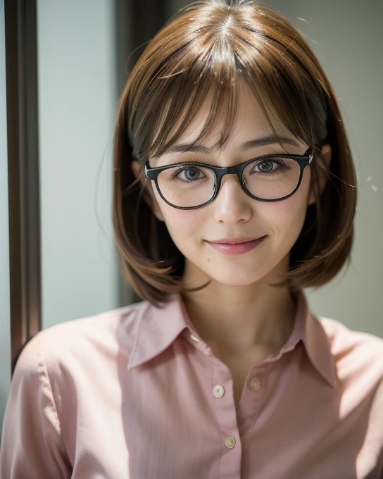 Best Quality, , Soft Light, Ultra-high resolution, (Realistic:1.4), RAW Photos,Japanese women, Expose, Beauty, (pupil, pupilに光),  smile, Small breasts,(High resolution detail of human skin texture),Brown Hair,Marunouchi Office Lady,Glasses,shirt,(Portraitu...