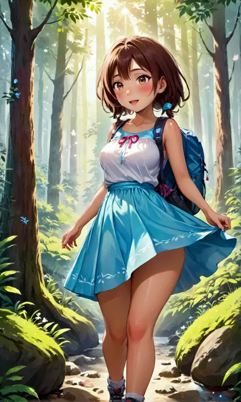 cute yuna (age 25, sexy hiking outfit) explores a magical forest, wonder, joy, pure love
