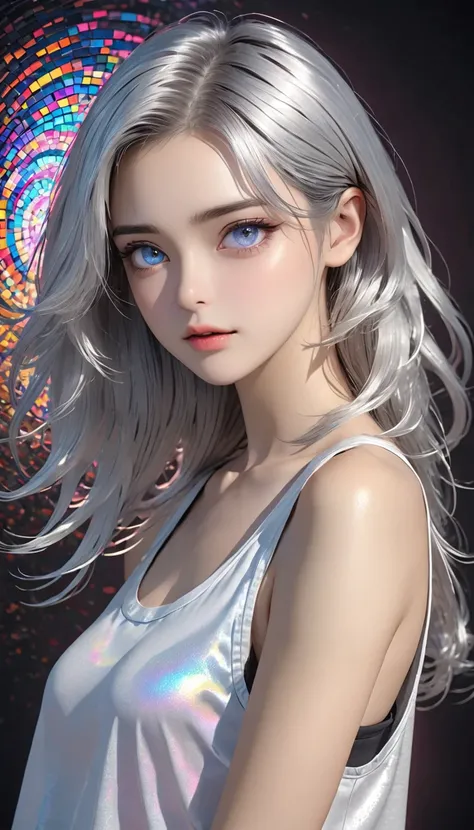 cool beauty, silver glossy silky hair, captivating eyes, amorous and lewd expression, perfect proportions, wearing loose baggy tank-top, BREAK background seamless low bit mosaic, spiral random change iridescent color effects, BREAK delicate and dynamic tex...