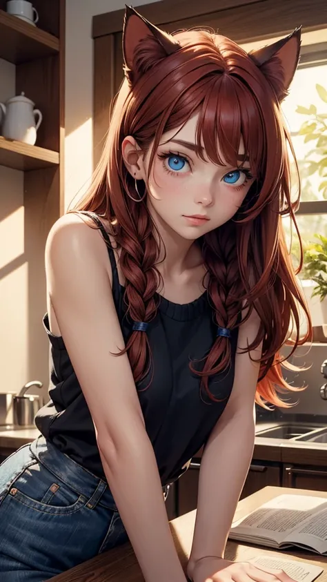 (high resolution, upper body, soft skin:1.2),(best illustration,masterpiece:1.2),ultra-detailed,[(cat ears , red inside:1.2, red braided hair, blue cat eyes),vivid colors,sharp focus, yellow off the shoulder sweater dress, kitchen background,  low lighting...