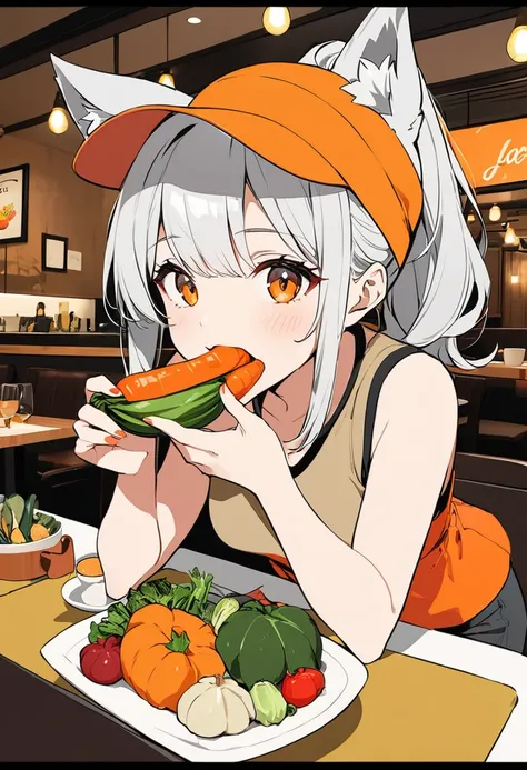 (masterpiece, best quality),popart,flatcolor,(A girl eating lots of autumn vegetables at a restaurant),Looks fun, looks delicious,She is stuffing her mouth full of vegetables,joy, BREAK (15yo,cute,silver hair,ponytail,wolf ear,sun-visor, gloves,middle smal...