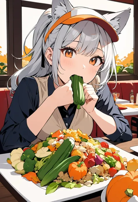 (masterpiece, best quality),popart,flatcolor,(A girl eating lots of autumn vegetables at a restaurant),Looks fun, looks delicious,She is stuffing her mouth full of vegetables,joy, BREAK (15yo,cute,silver hair,ponytail,wolf ear,sun-visor, gloves,middle smal...