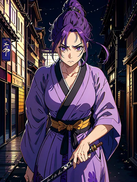 Woman with long purple ponytail、He has his long sword drawn and is holding it horizontally.、to glare with a sharp gaze、Hair Gradation、Brown eyes、Vividly patterned purple hakama、Old streets of Kyoto
