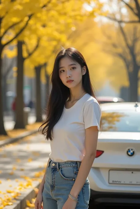 Lovely medium shot, young, and an attractive korean teen girl,Has long black open hair. She was standing by the street,She is wearing a T-shirt and jeans. She has a medium size breasts,There is a silver half bracelet on her left wrist. In the background ar...