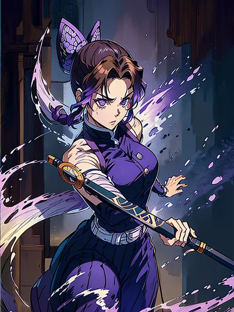 a woman with long purple ponytail, pulling out a longsword horizontally, glaring with a fierce gaze, hair gradient, brown eyes, vibrant patterned purple hakama, ancient streets of Kyoto