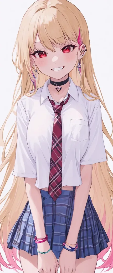 1girl ,solo, long_hair,red_eyes, blonde_hair, necktie,shirt, skirt,school_uniform, choker,jewelry, white_shirt,tied_shirt, white_background, short_skirt, bangs,blue_skirt, black_choker, multicolored_hair, bracelet, collared_shirt, earrings, piercing, pink_...