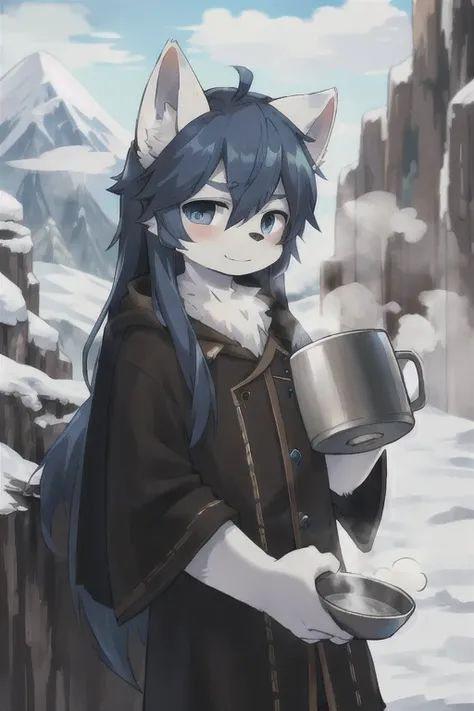 Boy with wolf ears　Blue long hair　Snow Mountain　Snowstorm　On the Cliff　Kind Face,Holding a metal mug in each hand,Steam is rising from the mug,(The right move),(Correct finger) Looking at this