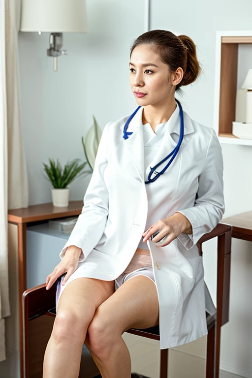 (Highest quality), (Ultra high resolution), (Facial details), (8K video),

(Japanese female: 1.55) (Senior doctor) (Aeg45) (Middle-aged female) (White skin)

(Brown hair in a low ponytail: 1.55)

(Female doctor sitting in a chair examining a patient)

(Loo...