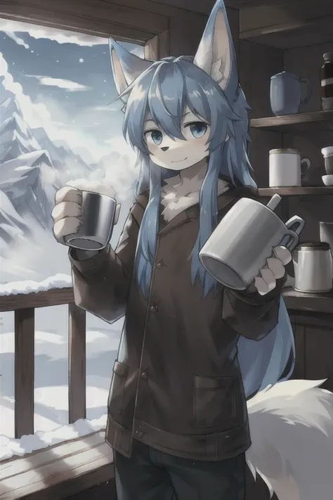 Boy with wolf ears　Blue long hair　Snow Mountain　Snowstorm　On the Cliff　Kind Face,Holding a metal mug in each hand,Steam is rising from the mug,(The right move),(Correct finger) Looking at this