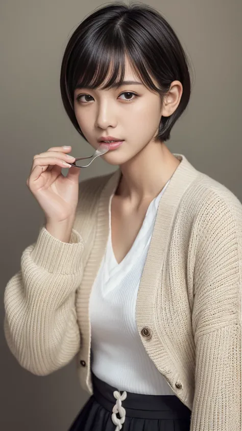 High resolution raw color photos, Professional photography, High resolution face, (Fine grain, Highly detailed skin, Highly detailed nose, Highly detailed mouth:1.2), Perfect Anatomy, all_white_clothes, female, 18_years_old, Korean , short hair, straight h...