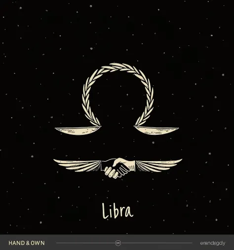 I need a hand drawn libra zodiac symbol, with a minimalistic winged handshake below it.
