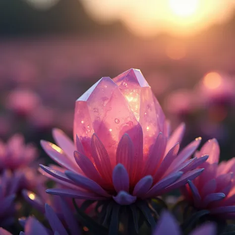 A tiny, gelatinous crystal, shaped irregularly and resembling a flower bud. Its nestled among pink and purple flowers in a sun-drenched field. The crystal is translucent, with a gradient of colors from pink to purple. Soft evening sunlight bathes the scene...