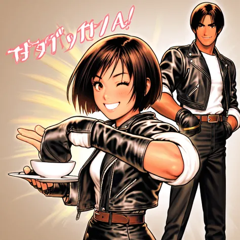 Woman waving, greeting, one eye closed, smiling friendly, embarrassed, blushing, dark hair, short cut, dark skin, ((black leather jacket with rolled up arms)), fingerless gloves, white T-shirt, ((white bowl)), black pants, white shoes, brown belt black pan...