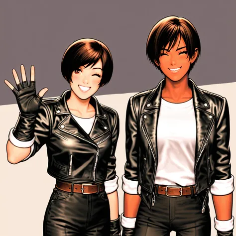 Woman waving, greeting, one eye closed, smiling friendly, embarrassed, blushing, dark hair, short cut, dark skin, ((black leather jacket with rolled up arms)), fingerless gloves, white T-shirt, ((white bowl)), black pants, white shoes, brown belt black pan...