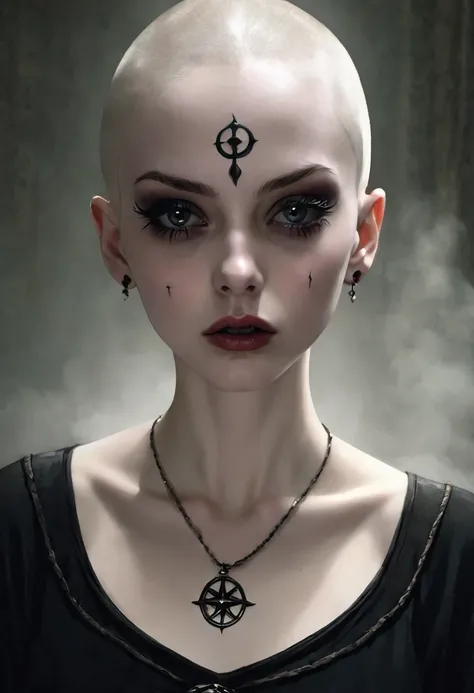 1 young scary and beautiful White girl, mystical medieval witch, pale skin, occult symbols on body, ((shaved head)), cruel expression , dark eyelashes, dark mascara , unkind, scary, cruel, macabre , sexy, demonic, devil, morbid , cruel eyes expression , oc...