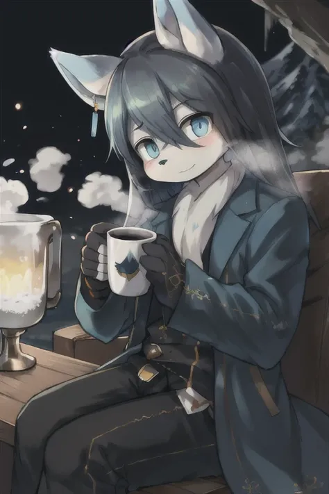 Boy with wolf ears　Blue long hair　Snow Mountain　Snowstorm　On the Cliff　Kind Face,Holding a metal mug in each hand,Steam is rising from the mug,(The right move),(Correct finger) Looking at this