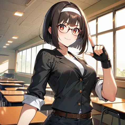 (Beautiful 1 Japanese woman), Cute face, ((black jacket with rolled up sleeves)), fingerless gloves, white T-shirt, ((white headband)), black pants, white shoes, brown belt, glasses, (chiseled face:0.7), (freckles:0.6), soft light, healthy white skin, dark...