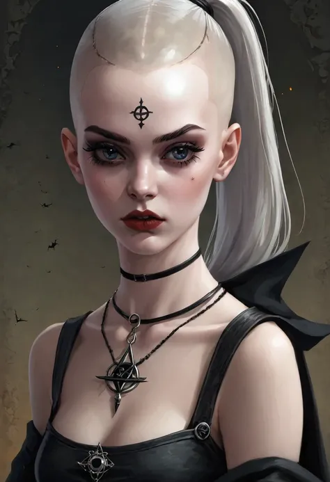 1 young scary, gorgeous and beautiful White girl, mystical medieval witch, pale skin, occult symbols on body, ((shaved head)), cruel expression , dark eyelashes, dark mascara , unkind, scary, cruel, macabre , sexy, demonic, devil, morbid , cruel eyes expre...