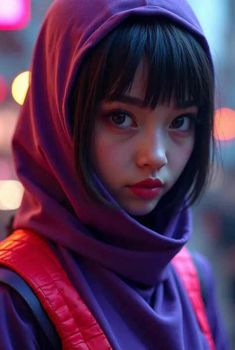 A ninja gamer in purple and red outfit, beautiful detailed eyes, beautiful detailed lips, extremely detailed face and features, long eyelashes, dynamic action pose, Unreal Engine, 8k, photorealistic, volumetric lighting, vibrant colors, dramatic chiaroscur...