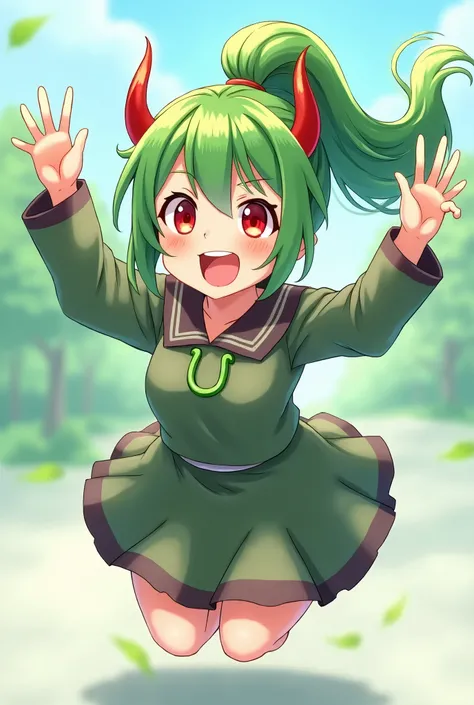 One girl, solo, B cup size, Long Hair, Blushing, Red eyes, ponytail, tooth, anime, Simple Background, Bright Eyes, Laughing, far and near method, Demon Horns, Jumping with hands up, Hair is green, Dressed as a psychic,She wears a green, U-shaped magatama n...