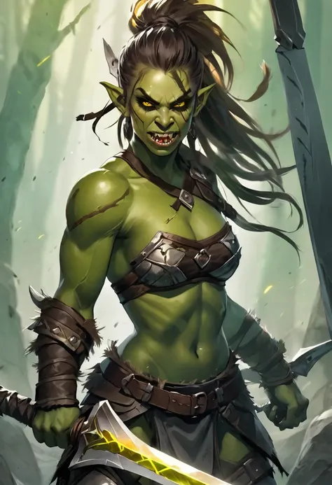 Portrait of a sexy female orc warrior, fantasy character, green skin, sharp teeth, glowing yellow eyes, messy hair, muscular build, holding a large sword, battle-ready pose, deep greens and browns, undercut hairstyle 