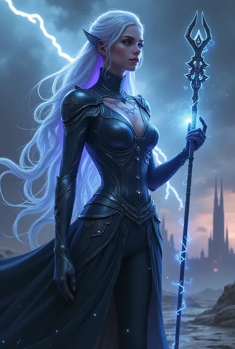 A hyper-realistic portrait of Naeris Thornveil, a powerful and enigmatic female technomancer, standing in a mystical and futuristic landscape. Her metallic silver-blue skin glistens in the dim light, with intricate glowing runes etched across her arms, nec...