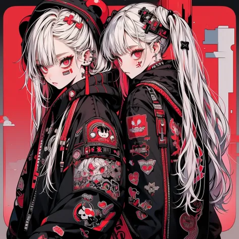 The best composition、Golden Ratio、Punk Rock Emo Girl,  Long neon white hair in twin tails, Tattoo sleeves and piercings, Red eyes, thin, skinny, short,  Harajuku-style hooded kimono, No twins, One person