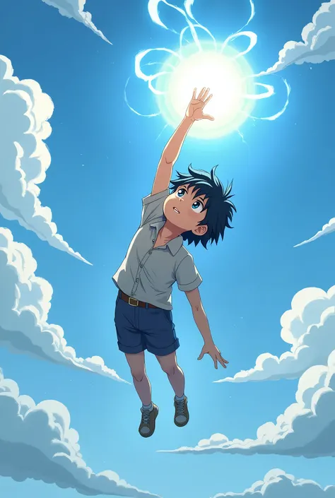 A boy was fouling from the sky and his hand ups to the sky fells like trying to tace something in anime style 