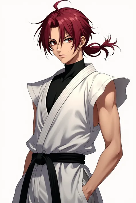 Shinji Fujirawa 1 Male Black sleeveless sports turtleneck, White sleeveless karate gi jacket, traditional japanese long, white, wide pleated hakama pants and a black belt at the waist.
dark brown eyes, surrounded by thick dark eyelashes, quite expressive a...